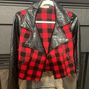 NWOT - Hem & Thread Buffalo Plaid Jacket with Faux Leather Sleeves - Size S